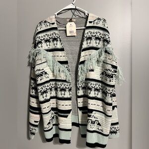 True Craft Black, Blue & Cream Nordic Cardigan Sweater with Fringe